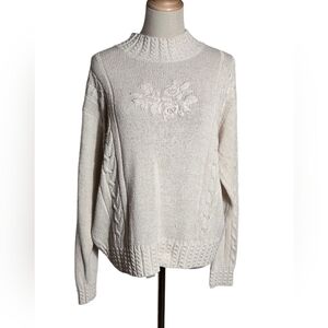Vintage Orvis Silk Cable Knit Sweater with Floral Embroidery, Cream, Size M